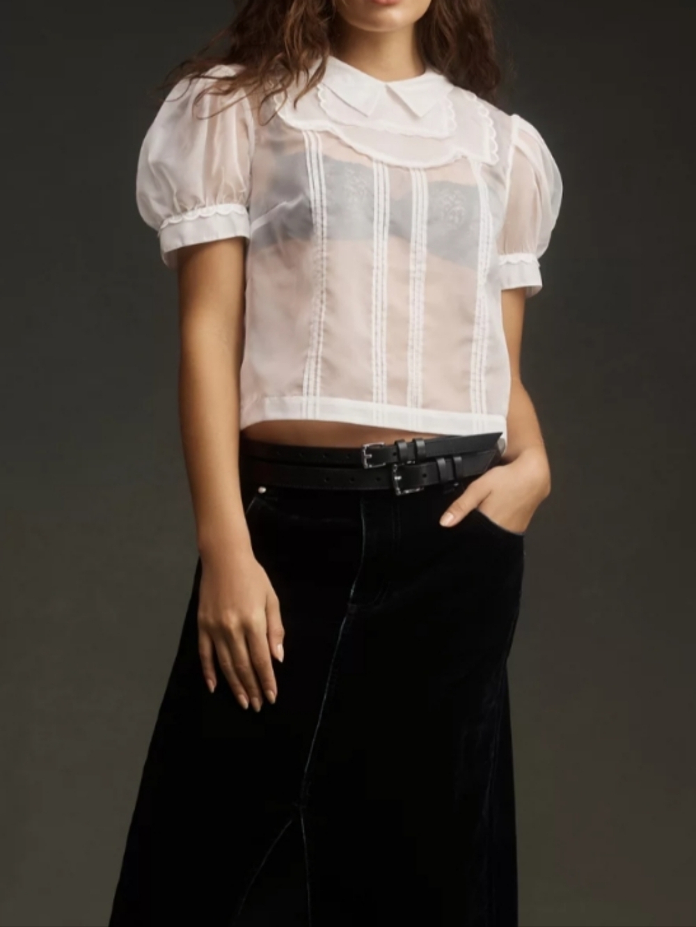 Sheer Short Puff-Sleeve Scallop Trim Blouse Peter Pan Collar Maeve Anthropologie